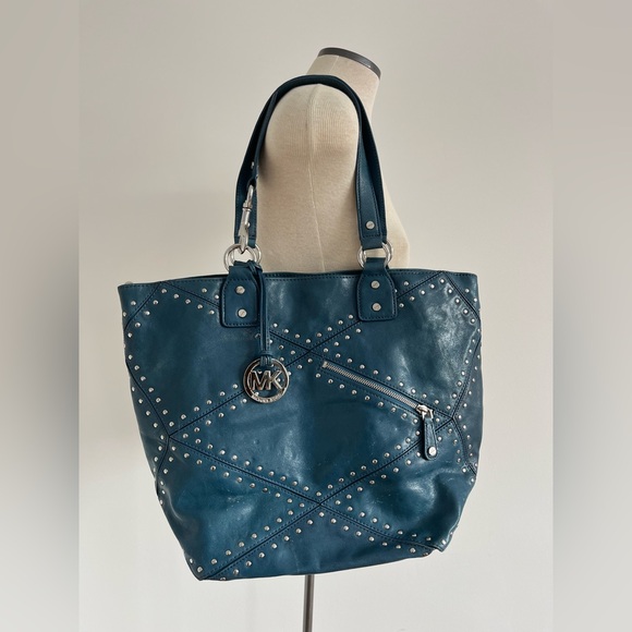 Michael Kors Astor Large Studded Blue Leather Tote Satchel Shoulder Bag Rocker - Picture 15 of 15